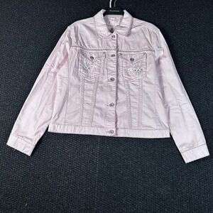 Vintage Ethyl Pink Denim Jacket Embellished Embroidered Womans Size Large